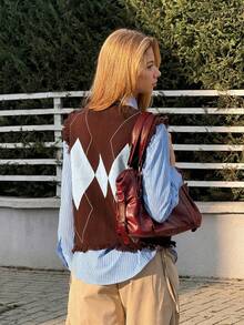 MainGRL Diamond Plaid Knit Vest Sweater For Women, Spring - Multicolor - View 2