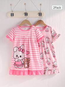 Conjunto de 2 peças para meninas pequenas com vestido rosa e listrado com estampa de coelho e urso, barra com babados e laço decorativo. Camisola de manga curta com mangas curtas, tema desenho animado. - Baby Rosa - Ver 6