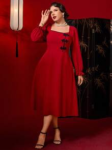 SHEIN Clasi 女士纯色中国风撞色纽扣长袖连衣裙，适合节日和新年穿着 - 紅色 - 查看 8