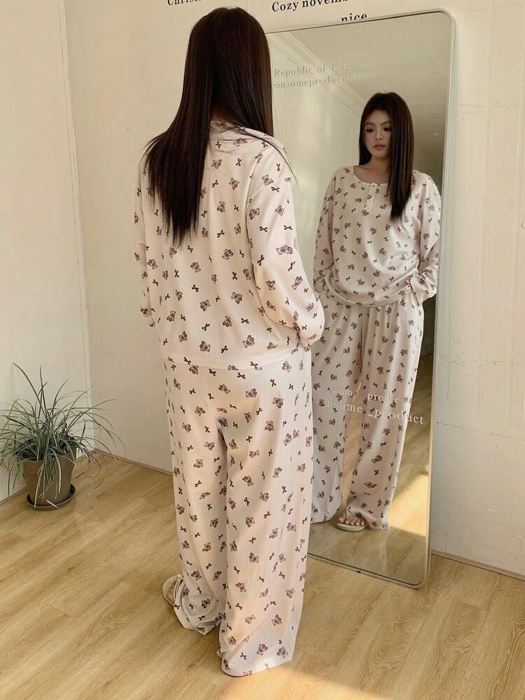 Dazy Plus 2pcs Cute Cartoon Print Loose Long Sleeve Top And Long Pants Pajama Set, Spring/Autumn