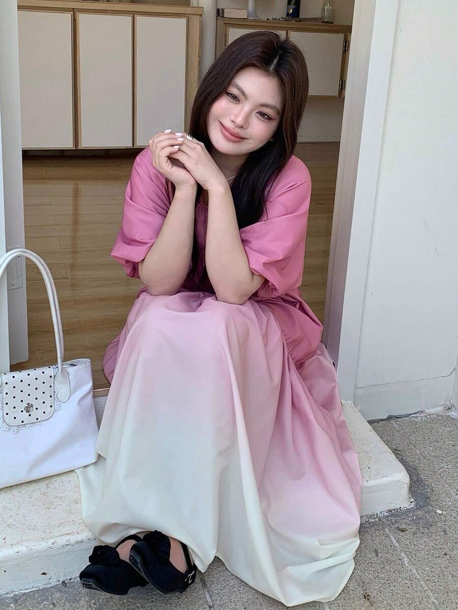 Dazy Plus Plus Size Women's Casual Vacation Elegant Ombre Bubble Sleeve Belted Midi Dress, Summer Sun Dresses For Women - Hot Pink - View 1