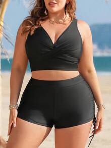 Swim Lushoire Bộ tankini màu trơn dành cho nữ cỡ lớn, gồm quần cạp cao buộc dây phía trước. - màu đen - Xem 3