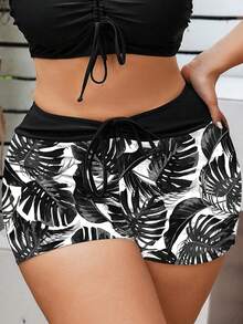 Swim Lushoire Plus Size Solid Color Patchwork Leaf Print High Waist Drawstring Swim Trunks, Minimalist Fashion Beach Vacation Swimwear Bottom - Multicolor - View 4