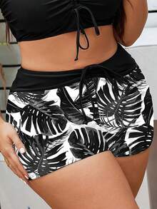 Swim Lushoire Plus Size Solid Color Patchwork Leaf Print High Waist Drawstring Swim Trunks, Minimalist Fashion Beach Vacation Swimwear Bottom - Multicolor - View 5