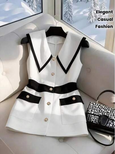 GlowEve CURVE Plus Size Women's Woven Regular Early Spring Elegant Minimalist Fashion Black & White Contrast Metal Hand-Sewn Button Sleeveless Waist Suit