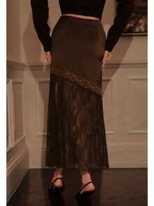 NOVVYNE 女士纯色高腰撞色蕾丝优雅半身裙 - 棕色 - 查看 2