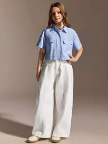 SHEIN Tween Girls' Casual School Style Blue & White Striped Pocket Cropped Shirt, Versatile For School And Daily Wear - Blue - View 4