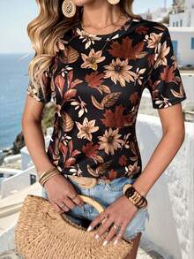 SHEIN Holidaya 女士优雅休闲度假印花短袖T恤 - 彩色 - 查看 4