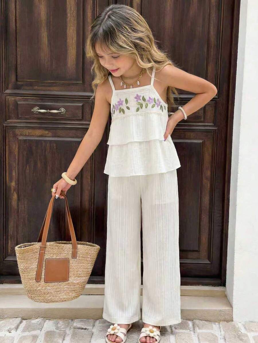 Set de 2 piezas con estilo dulce y suave para niñas jóvenes: Camiseta de tirantes color albaricoque + Pantalones de pierna ancha, conjunto casual con bordado de flores moradas y hojas verdes - Albaricoque - Ver 1