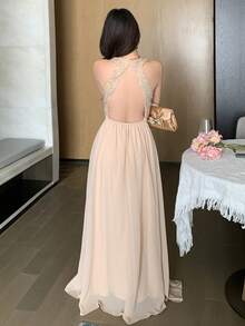 DAZY Women's Textured Fabric Splice Halter Neck Sleeveless Elegant Dress - Apricot - View 2