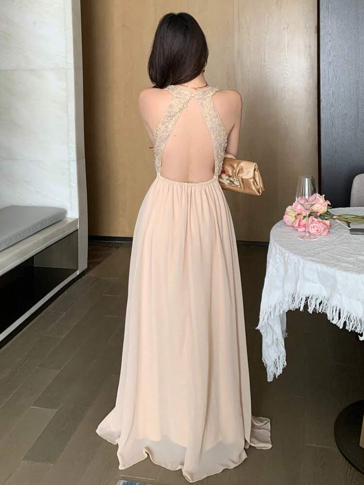 Women's Textured Fabric Splice Halter Neck Sleeveless Elegant Dress Cruise Outfit For Women Sundress Cocktail Dress