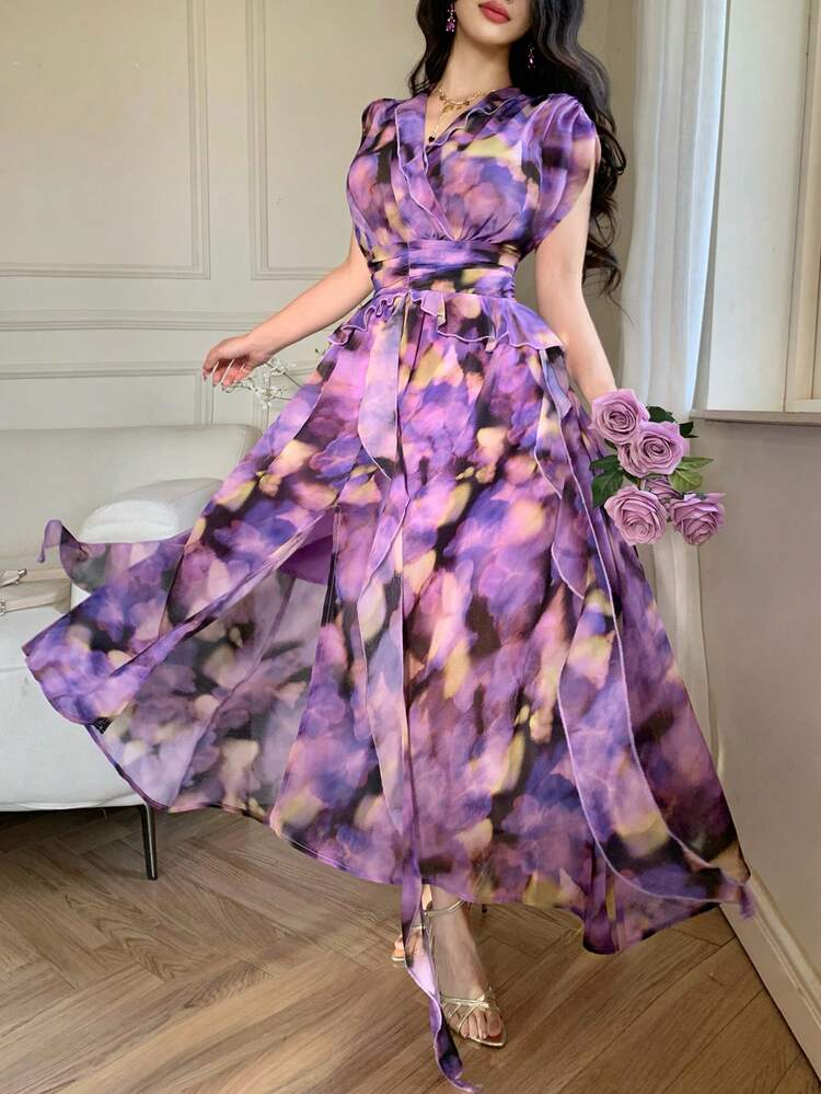 Women's V-Neck Purple Tie-Dye Print Sleeveless Waist Cinched Dress, Elegant Resort Style Sundress
