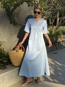 DAZY Women's Summer V-Neck Puff Sleeve Short Sleeve Casual Denim Dress - Light Wash - View 2