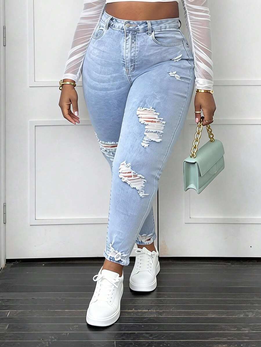 CurvyTilda Plus Ripped Raw Cut Skinny Jeans - Blue - View 1