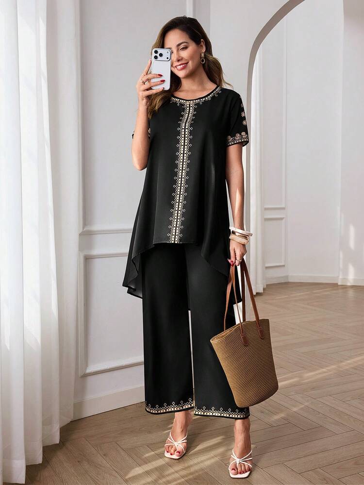 Luxury Black Lace Two-Piece Set For Women Summer Spring Outfit With Floral Lace Top And Wide Leg Pants, Perfect For Wedding Guest Party Prom