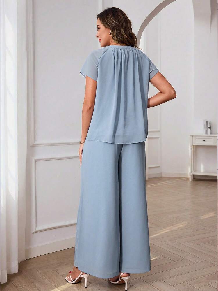 Women's Solid Color Tie Collar Raglan Sleeve Shirt And Wide Leg Pants Casual 2 Pieces Setgoing Out TWOPIECE,Casual Sets For Women