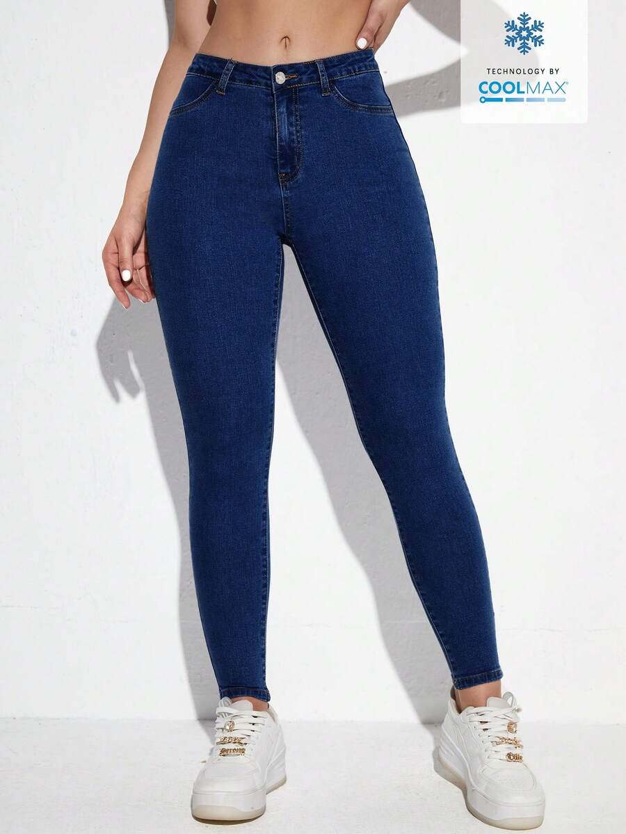 Flexra Jeans casuales ajustados de unicolor con bolsillo en ángulo - Azul lavado oscuro - Ver 1