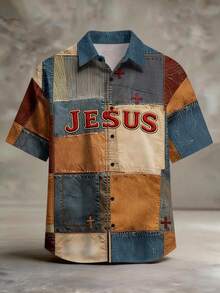 Manfinity Homme 男士字母印花单排扣休闲短袖衬衫 - 彩色 - 查看 1