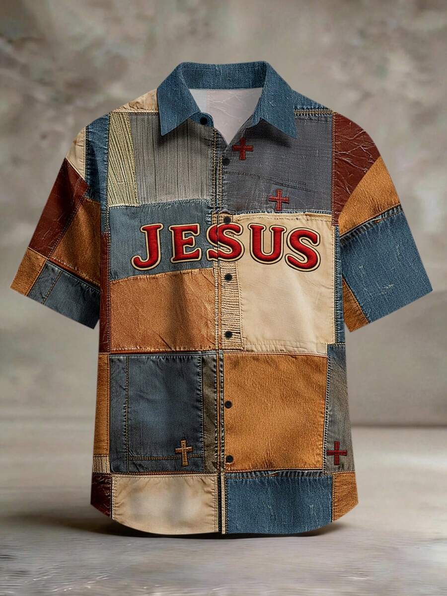 Manfinity Homme 男士字母印花单排扣休闲短袖衬衫 - 彩色 - 查看 1