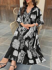 Vivie Lora Women's Loose Fit Mid-Length Graphic Print Dress, Black & White - Black and White - View 1