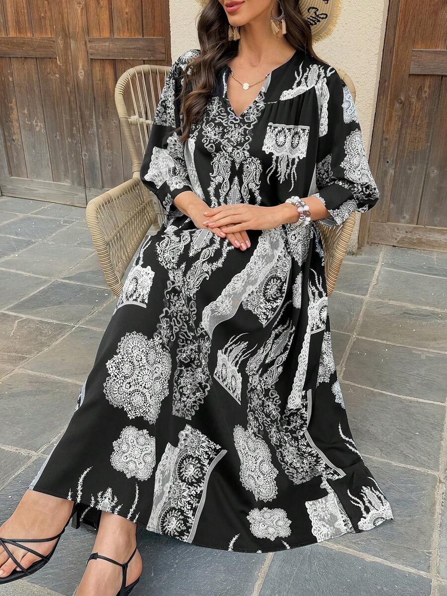 Vivie Lora Women's Loose Fit Mid-Length Graphic Print Dress, Black & White - Black and White - View 1