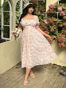 Lyrianda 大码女士优雅刺绣印花系带长裙 - 粉色 - 查看 5