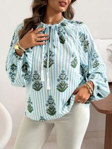 Vionelle Áo kiểu nữ cỡ lớn in hoa cổ chữ V, áo sơ mi rộng rãi kiểu boho tay phồng, áo nữ mùa hè, áo kiểu và áo sơ mi nữ, áo kiểu mùa hè - màu xanh lá - Xem 1
