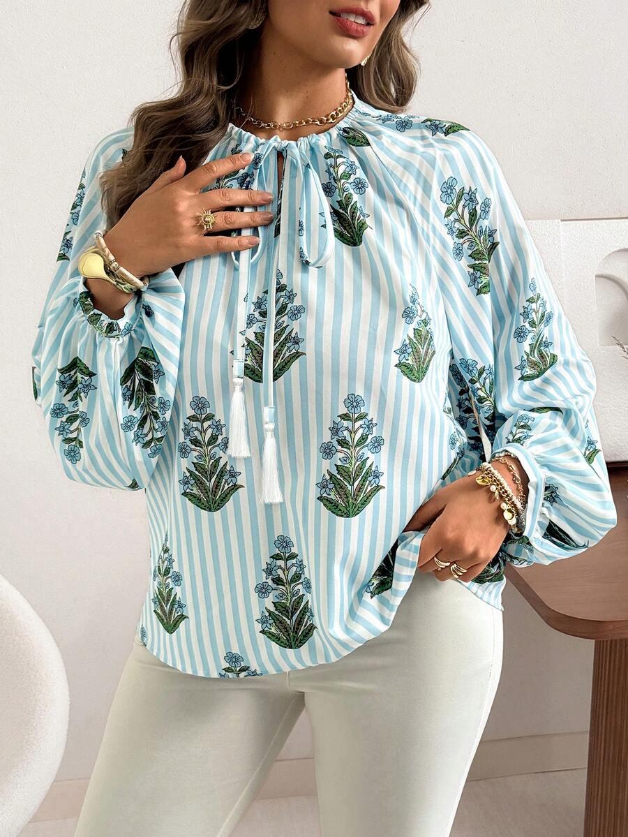 Vionelle Áo kiểu nữ cỡ lớn in hoa cổ chữ V, áo sơ mi rộng rãi kiểu boho tay phồng, áo nữ mùa hè, áo kiểu và áo sơ mi nữ, áo kiểu mùa hè - màu xanh lá - Xem 1