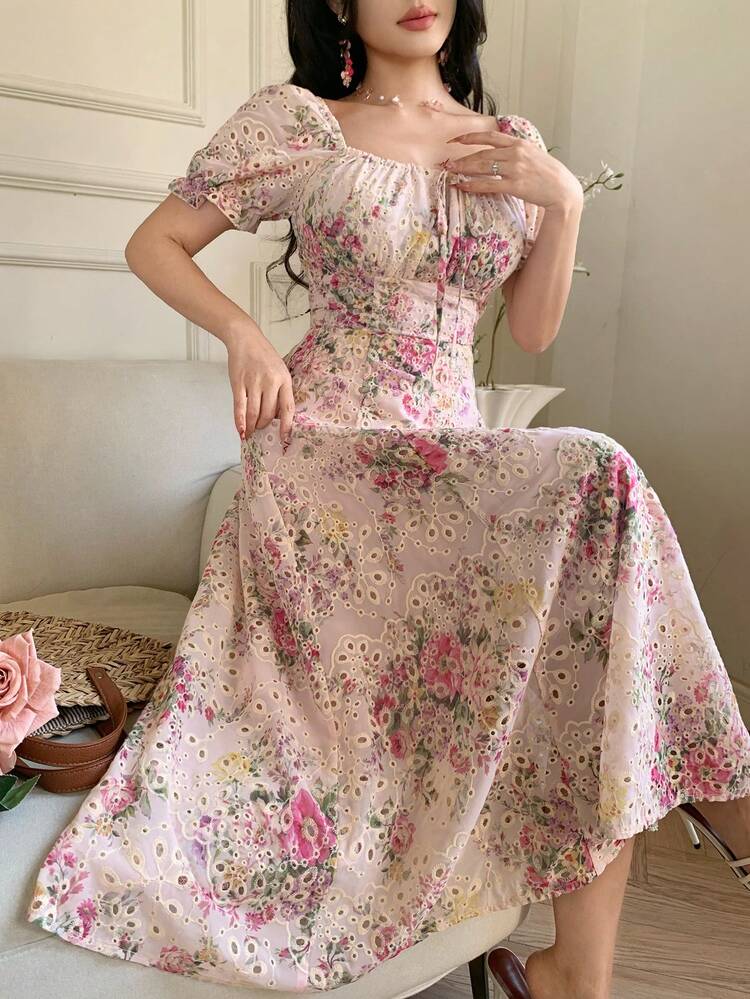 Gentle Sweet Off-Shoulder Cinched Waist Ditsy Floral Dress