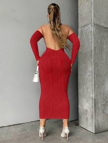 SHEIN VaVaLuxe Off Shoulder Backless Bodycon Dress Maxi Women Outfit - Red - View 1