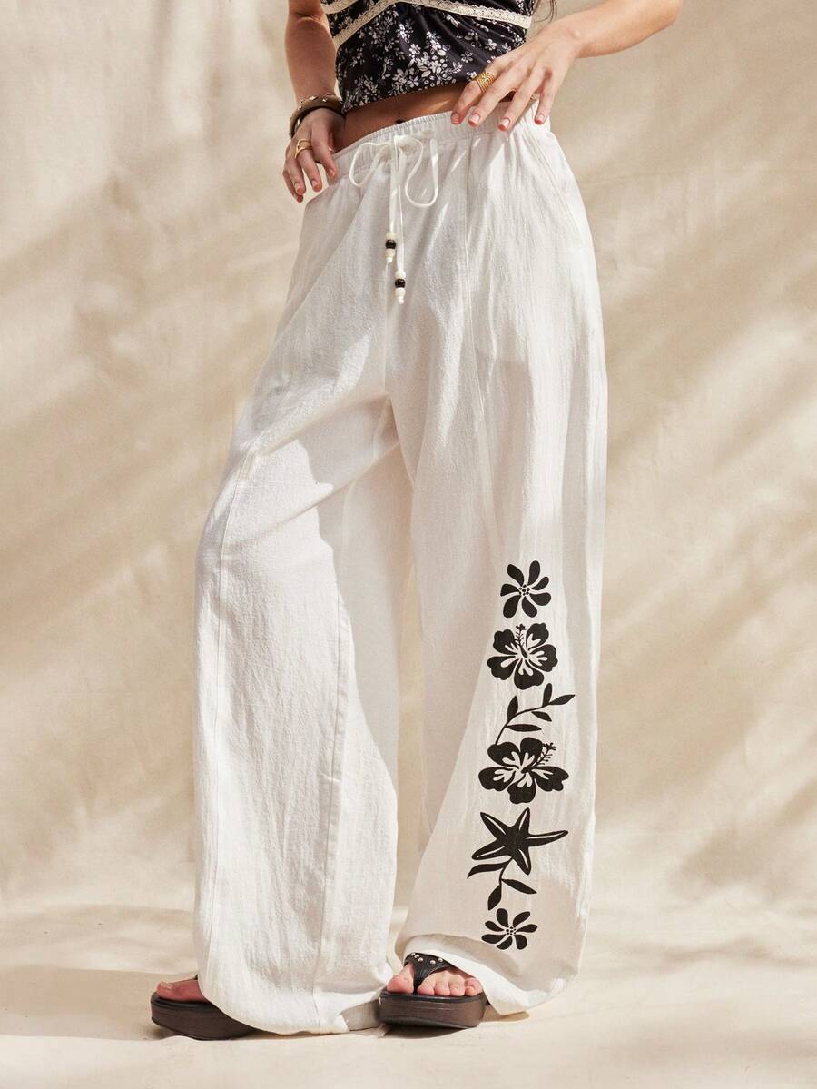 Easelle 女士梭织印花休闲裤 - 白色 - 查看 1