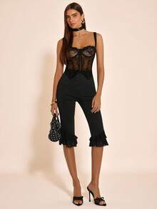 SHEIN BAE Women's Elegant Black Ruffled Midi Trousers For Spring/Summer, Capri Trousers, Vacation Trousers, Casual Trousers, Party Trousers, Summer Trousers, Cruise Trousers, Spring Break Trousers, Brunch Trousers, Vacation Trousers, Holiday Trousers, Ruffled Trousers, Fashionable Trousers.Black Pants - Black - View 1