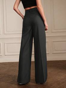 Anewsta Petite 优雅通勤中腰褶裥设计女士西装裤，纯色直筒裤，娇小款，深灰色 - 深灰色 - 查看 2