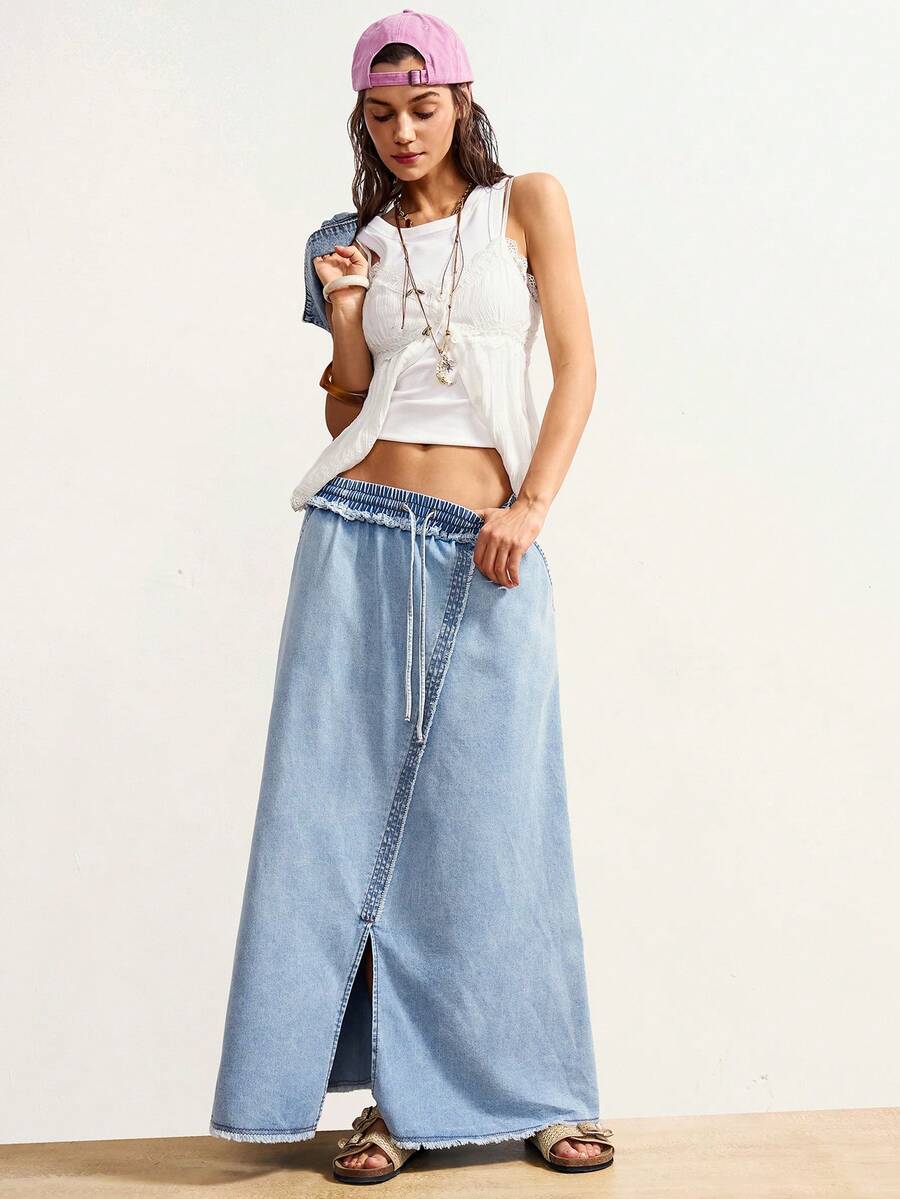 Bohemela Women's Denim Midi Skirt, Loose Straight Long Skirt, Solid Color, Drawstring Belt, Slit Pockets, Casual Denim Midi Skirt, Light Blue Denim Midi Skirt Summer Clothes  Spring Outfit Women  Valentine's Day Beach Outfits For Women Beach Outfit  Vacation Outfits Women  Y2k Clothes Beach Skirt - Light Wash - View 1
