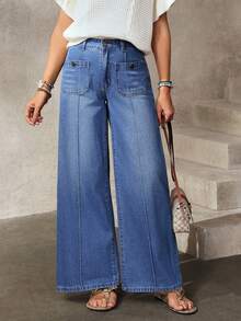 EMERY ROSE 女士高腰口袋设计阔腿宽松休闲牛仔裤 - 藍色 - 查看 7