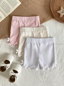 SHEIN Vintaside Kids 3pcs Baby Girl Infant Toddler 0-3Y Spring/Summer New Arrivals Casual Sports Elastic Ribbed Knit Soft Muted Tones Pink Beige Gray 3-Piece Set Fitted Shorts Outfit, Suitable For Both Home And Outdoor Wear - Multicolor - View 4