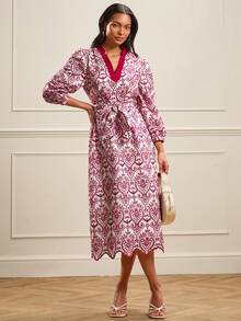 Lilora Women's Elegant Eyelet Embroidery V-Neck Lantern Sleeve Dress - Multicolor - View 1