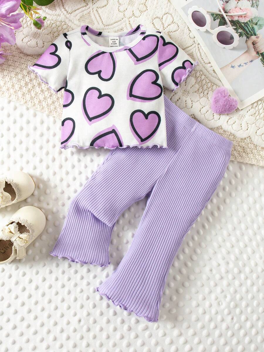 SHEIN Babygirl Vacation Casual Cute Heart Pattern Knit Short Sleeve T-Shirt & Elastic Waist Pants Set - Purple - View 1