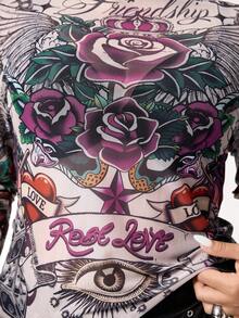 ROMWE Avant Plus Size Vintage Heart Rose Skull Flame Floral Mesh Allover Print Top - Purple - View 3
