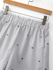 GlowEve Women's Lazy Casual Striped Lace Shorts With Bow Tie Waist Straight Wide Leg - Khaki - View 3