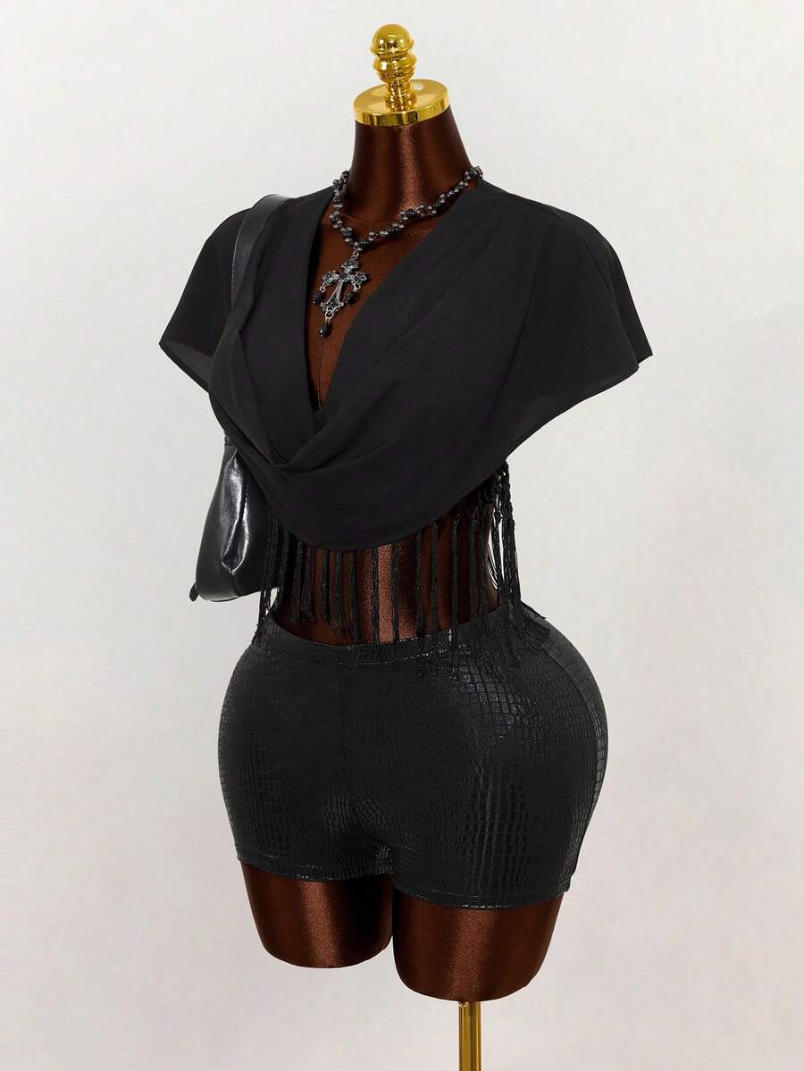 Mistrie Elegant Women's Vacation Fashion Tassel Hem Shirt, Tassel, Sexy, Ibiza Set, Summer, Spring, Vacation, Beach, Hawaiian Women's Clothing - Black - View 1