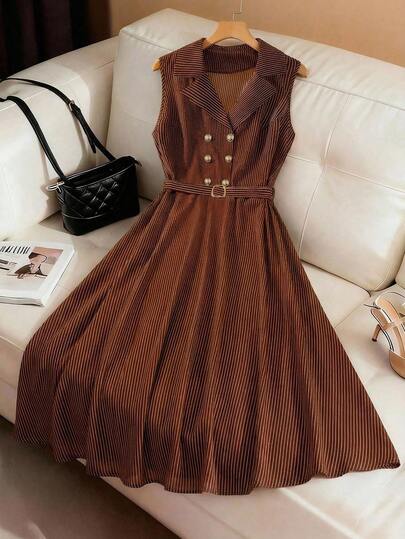 GlowEve CURVE Plus Size Women Striped Lapel Sleeveless Double-Breasted Waist Flare Dress, French Elegant Vacation Everyday Romantic Fashion Versatile Commute Retro Spring/Summer/Autumn New