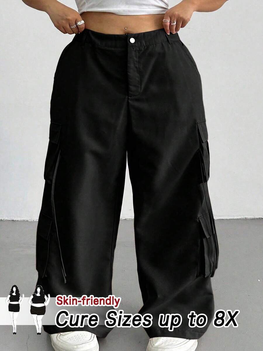SHEIN CURVE+ Plus Size Women's Casual Commuter Black Cargo Pants - Black - View 1