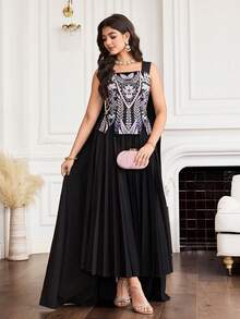 Al Najma New Design Patchwork Pleated Cinched Waist Romantic Elegant Luxury Party Dress - Multicolor - View 5