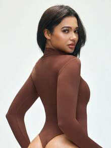 SHAPORA 无缝女士高领长袖显瘦连体裤，女士基础塑身连体裤，可作外衣穿着 - 咖啡棕 - 查看 3