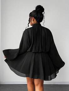 Maweii Plus Size Elegant Solid Color Stand Collar Lantern Sleeve Dress, Suitable For Commuting - Black - View 5