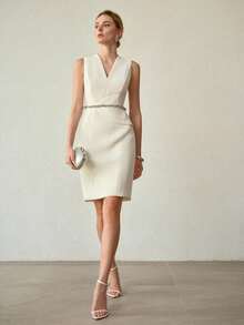 MOTF PREMIUM 优雅简约修身短款连衣裙，春夏款 - 杏色 - 查看 5