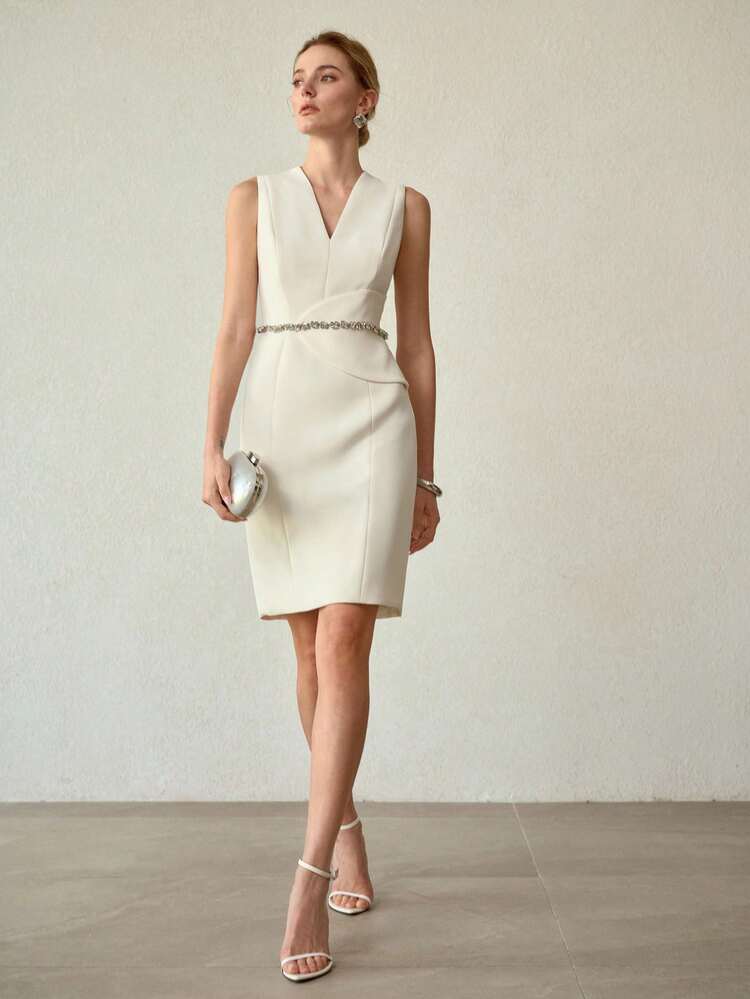 ELEGANT MINIMALIST FITTED WAIST SHORT DRESS, SPRING/SUMMER