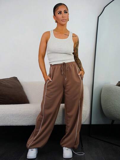 SAYEHFBABY Women's Fall/Winter Streetwear Daily Wear Going Out Sport Casual Logo Pattern Low Rise Baggy Brown Sweatpants,Fall,Fall Clothes For Women