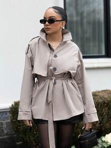 Melissa Matos 女式休闲单排扣收腰风衣，秋季 - 卡其色 - 查看 5